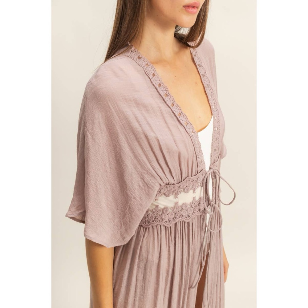 Boutique FAVLUX Lace Duster Kimono Coverup Dark Mauve Size M - Picture 5 of 13